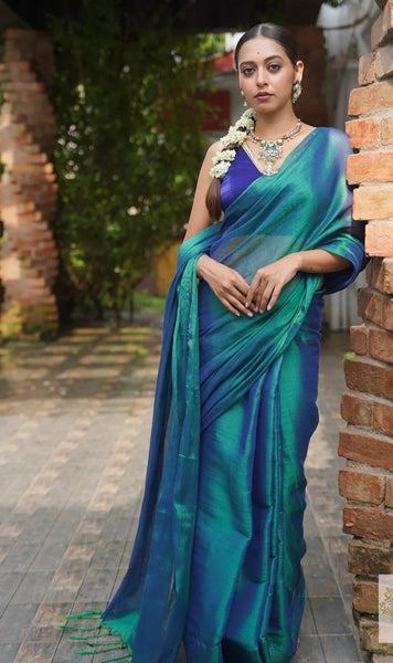 Peacock Blue with Golden Undertone Tissue Silk Saree