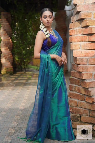 Peacock Blue with Golden Undertone Tissue Silk Saree