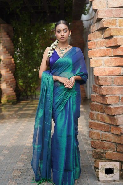 Peacock Blue with Golden Undertone Tissue Silk Saree