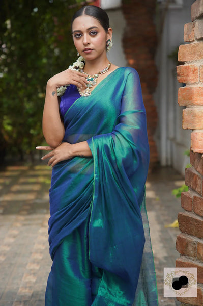 Peacock Blue with Golden Undertone Tissue Silk Saree