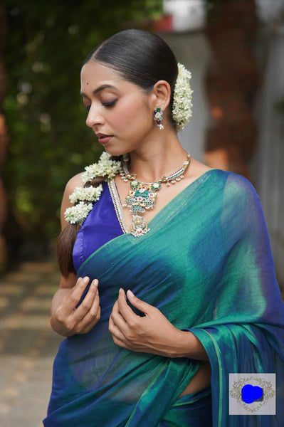 Peacock Blue with Golden Undertone Tissue Silk Saree