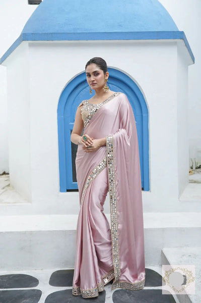 Lilac Satin Silk Saree with Mirrorwork