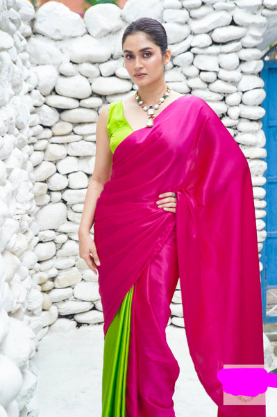 Bougainvillea and Green Satin Silk Saree