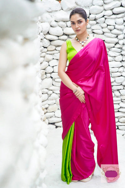 Bougainvillea and Green Satin Silk Saree