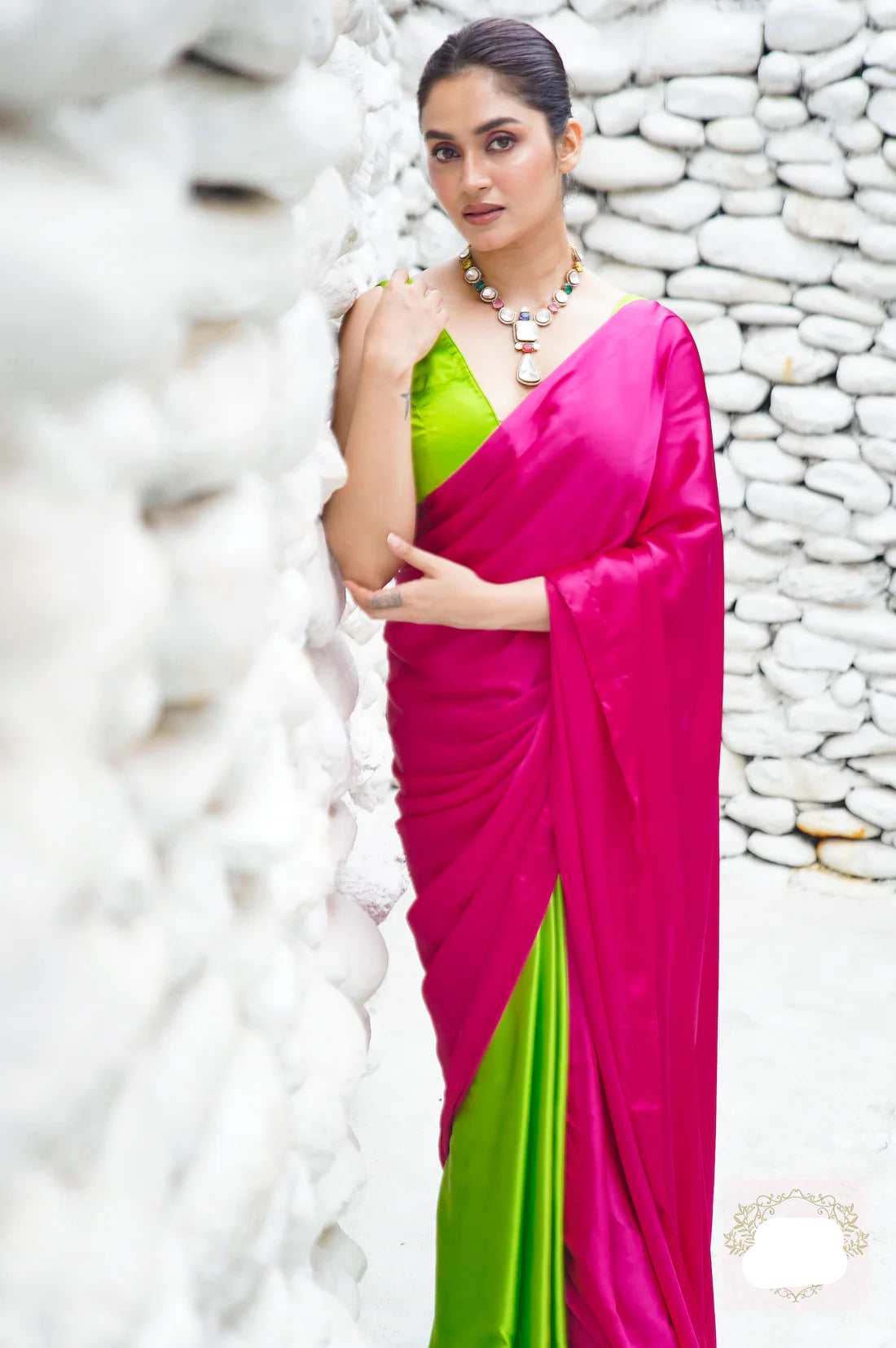 Bougainvillea and Green Satin Silk Saree