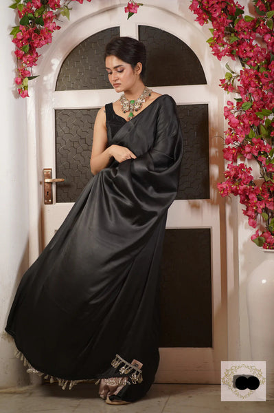 Black and Lilac Satin Silk Saree