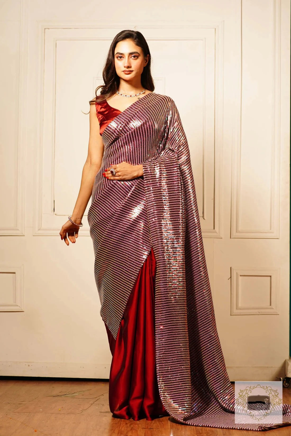 Maroon Sequins Half Saree