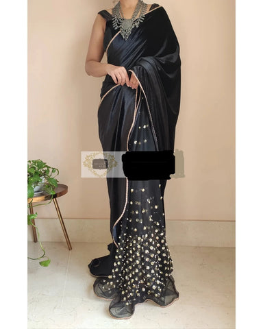 Black Velvet and Net Embellished Saree