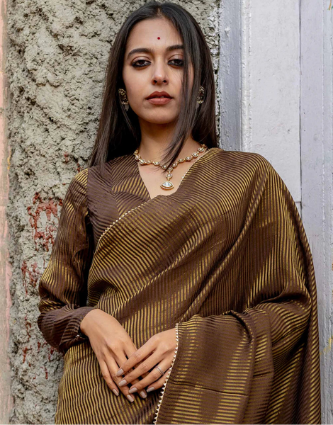 Light Weigh Brown Full Sleeve Blouse in Viscose Zari With V Neck Front Hook Opening And Woven Zari Stripes