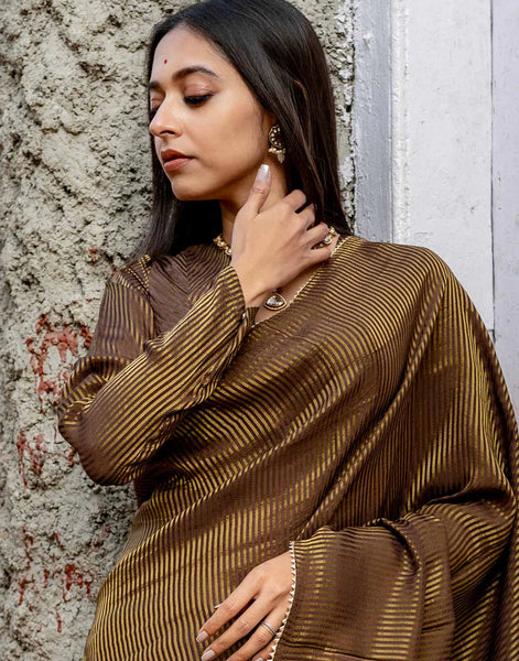 Light Weigh Brown Full Sleeve Blouse in Viscose Zari With V Neck Front Hook Opening And Woven Zari Stripes