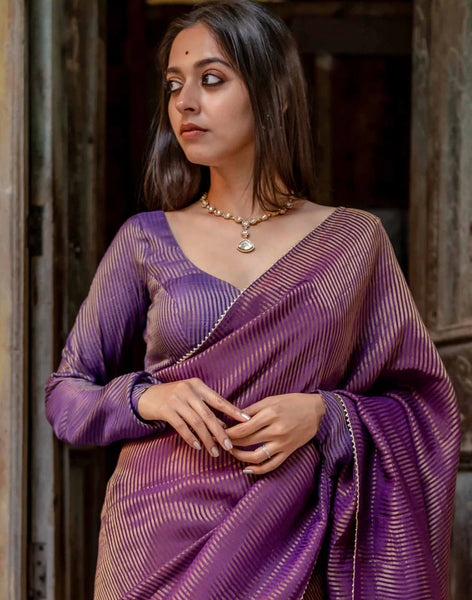 Vibrant Purple Full Sleeve Blouse in Viscose Zari With Dome Neckline Front Hook Opening And Rich Zari Stripes