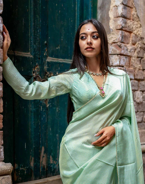 Mint Green Full Sleeve Blouse in Viscose Zari With V Neckline Front Hook Opening And Delicate Zari Stripes