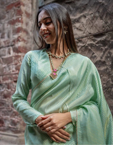 Mint Green Full Sleeve Blouse in Viscose Zari With V Neckline Front Hook Opening And Delicate Zari Stripes