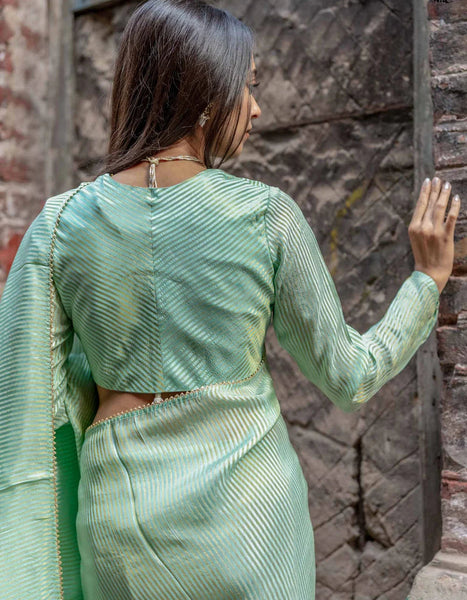 Mint Green Full Sleeve Blouse in Viscose Zari With V Neckline Front Hook Opening And Delicate Zari Stripes