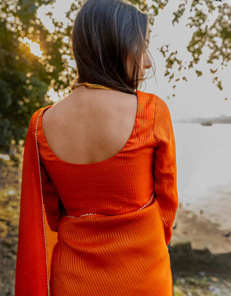 Full Sleeve Rust Blouse in Viscose Zari With Dome Neckline Front Hook Opening And Woven Zari Stripes