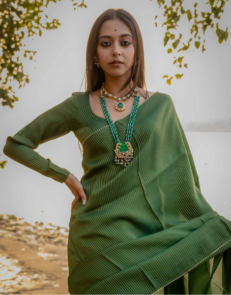 Full Sleeve Green Blouse in Viscose Zari With Dome Neckline Front Hook Opening And Woven Zari Stripes