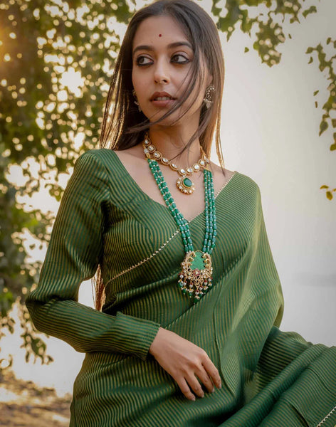 Full Sleeve Green Blouse in Viscose Zari With Dome Neckline Front Hook Opening And Woven Zari Stripes