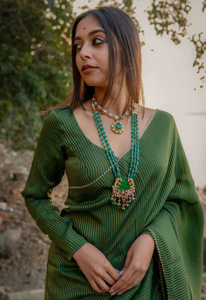 Full Sleeve Green Blouse in Viscose Zari With Dome Neckline Front Hook Opening And Woven Zari Stripes