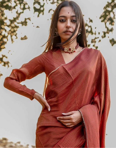 Luxurious Maroon Full Sleeve Blouse in Viscose Zari With Boat Neck Back Hook Opening And Premium Zari Stripes