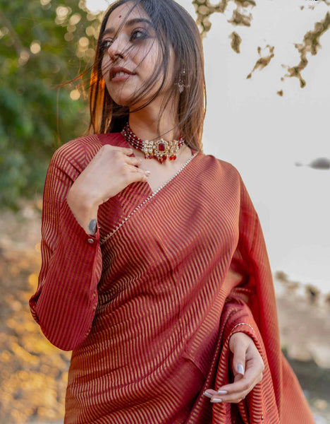 Luxurious Maroon Full Sleeve Blouse in Viscose Zari With Boat Neck Back Hook Opening And Premium Zari Stripes