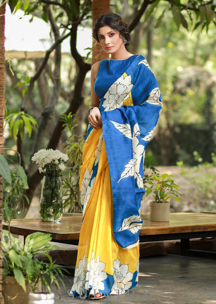 YELLOW & BLUE PURE SILK HANDPAINTED SAREE