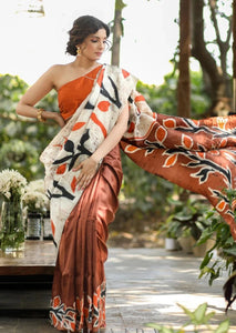 BROWN & OFF-WHITE COMBINATION HAND BATIK PURE SILK SAREE