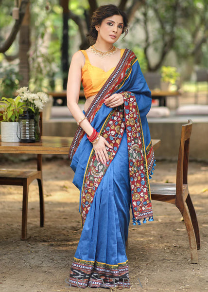 BLUE COTTON SAREE WITH KALAMKARI & IKAT BORDER