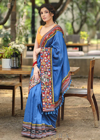 BLUE COTTON SAREE WITH KALAMKARI & IKAT BORDER