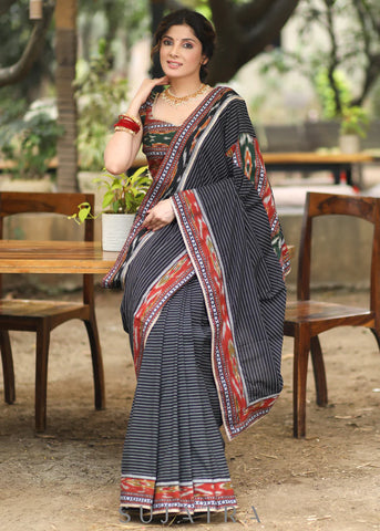 BLACK COTTON SAREE WITH IKAT BORDER AND PALLU