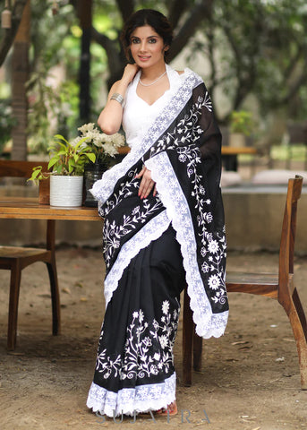 BLACK CHANDERI SAREE WITH BEAUTIFUL WHITE EMBROIDERY & DELICATE BORDER