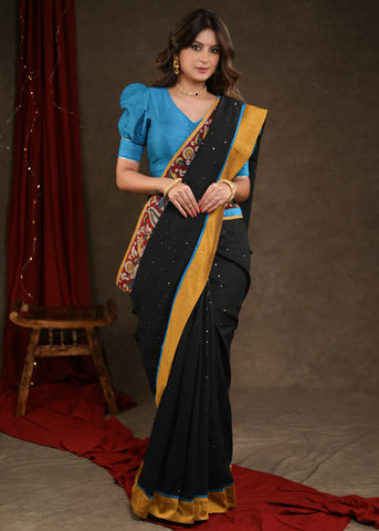 BLACK SEQUENCE COTTON SAREE WITH HANDPAINTED KALAMKARI BORDER