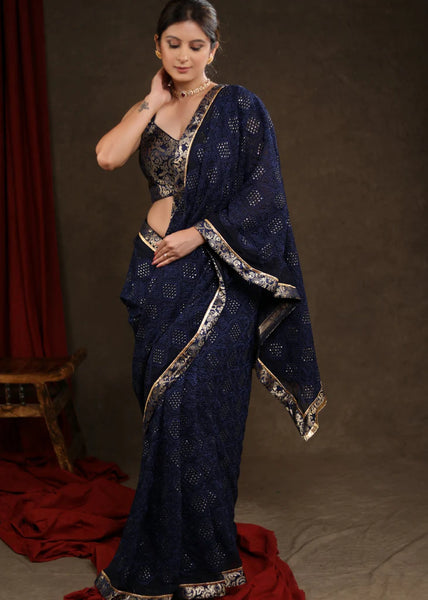 MIDNIGHT BLUE EMBROIDERED SAREE HIGHLIGHTED WITH BANASARI BORDER