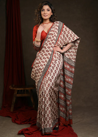 FAKIRA PRINT CREAM & RUST MODAL SAREE