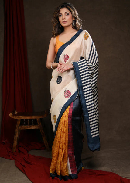 MULTICOLOR BLOCK PRINT PURE SILK SAREE