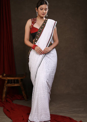 CHIKANKARI WORK GEORGETTE WHITE SAREE with MIRRORWORK LACE