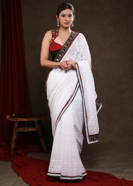 CHIKANKARI WORK GEORGETTE WHITE SAREE with MIRRORWORK LACE