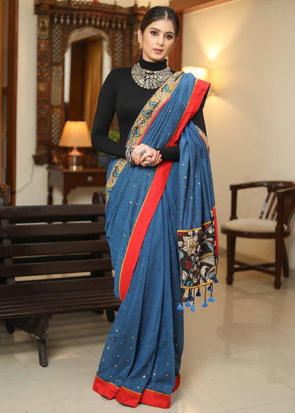 PEACOCK BLUE SAREE WITH KALAMKARI PALLU AND GOLDEN EMBELLISHMENT