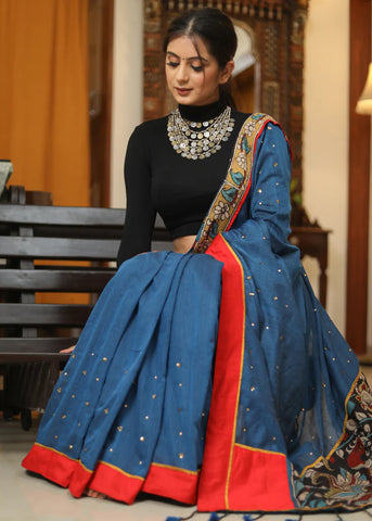 PEACOCK BLUE SAREE WITH KALAMKARI PALLU AND GOLDEN EMBELLISHMENT