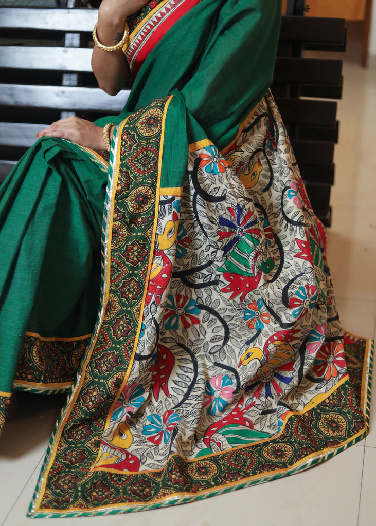 GREEN COTTON SAREE WITH BEAUTIFUL MADHUBANI PAINTED PALLU AND AJRAKH B ...