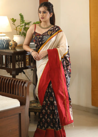 BLACK PRINTED SAREE WITH KALAMKARI HAND PAINTED PALLU AND BORDER