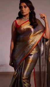 Tri Colored Metallic Gold, Silver, Green Handloom Tissue Saree