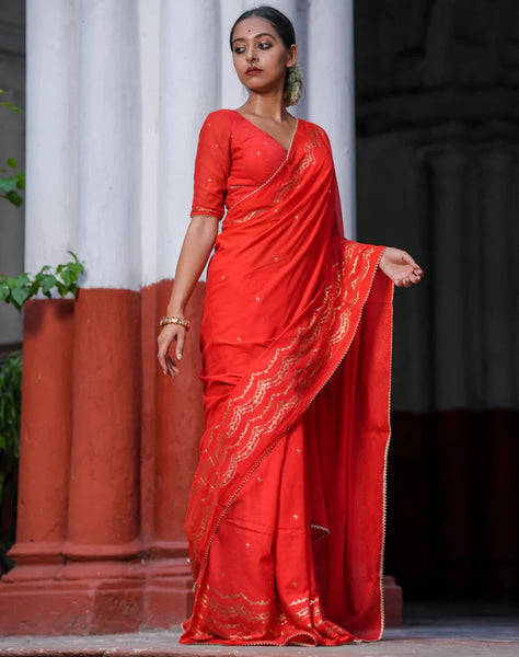 Light Weight Red Cotton Viscose Saree