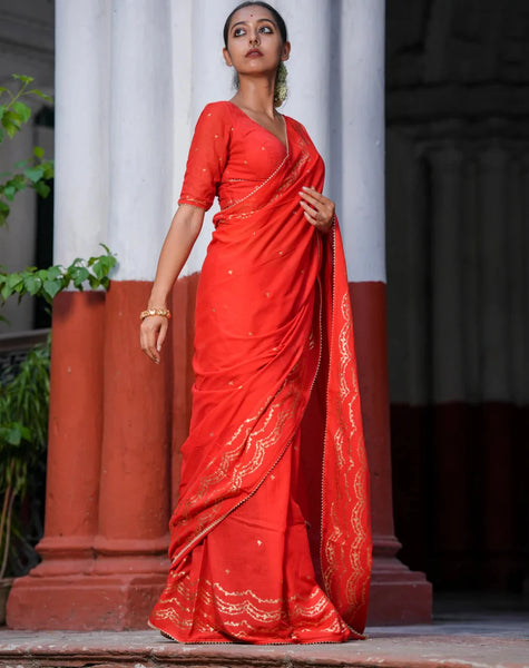 Light Weight Red Cotton Viscose Saree