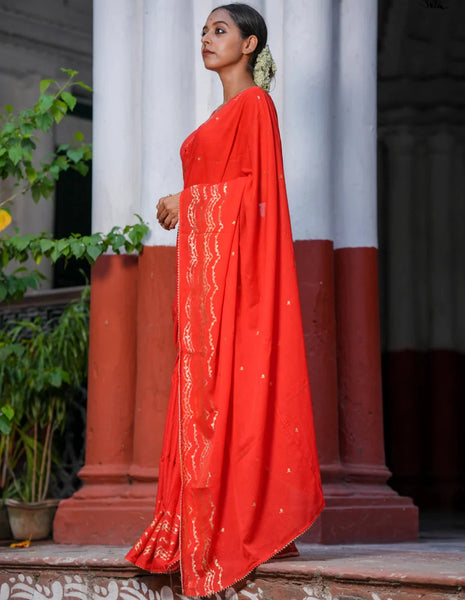 Light Weight Red Cotton Viscose Saree