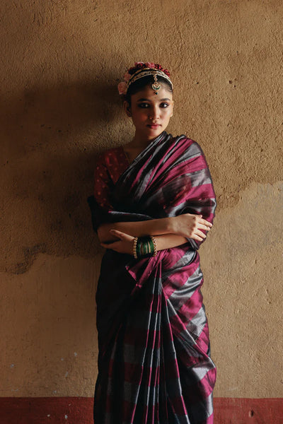 Silver and Purple Striped Handloom Tissue Saree