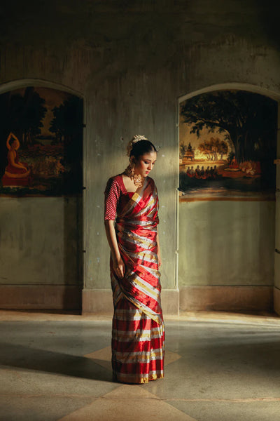 Multicolored Red, Silver, Gold Handloom Tissue Saree