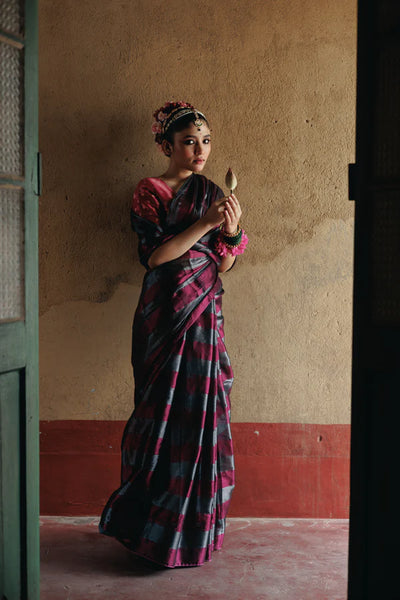 Silver and Purple Striped Handloom Tissue Saree