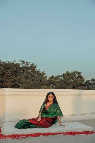 Red and Green Handloom Tissue saree