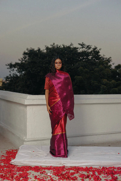 Red and Purple Handloom Tissue Saree