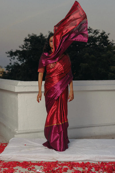 Red and Purple Handloom Tissue Saree